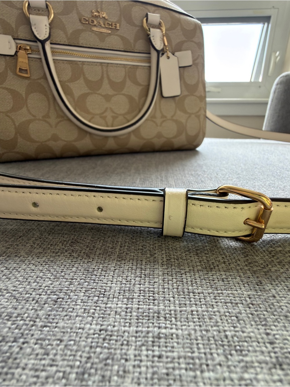 Coach Rowan Satchel Crossbody Signature Canvas Gold Khaki Chalk - Picture 10 of 11